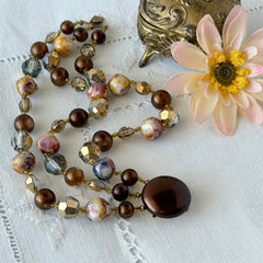 Vintage 3‑strand bracelet with Aurum and Vitrail crystal beads, faux jasper art glass beads, and shiny brown beads in gold tone