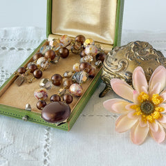 Vintage 3‑strand bracelet with Aurum and Vitrail crystal beads, faux jasper art glass beads, and shiny brown beads in gold tone