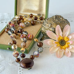 Vintage 3‑strand bracelet with Aurum and Vitrail crystal beads, faux jasper art glass beads, and shiny brown beads in gold tone