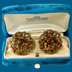 Vintage Brown Porphyry Glass and Rhinestone Clip-On Earrings