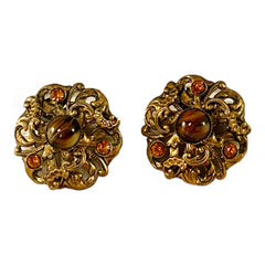 Vintage Brown Porphyry Glass and Rhinestone Clip-On Earrings