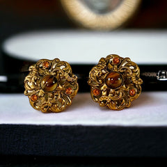 Vintage Brown Porphyry Glass and Rhinestone Clip-On Earrings