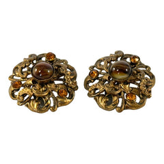 Vintage Brown Porphyry Glass and Rhinestone Clip-On Earrings