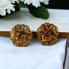 Vintage Brown Porphyry Glass and Rhinestone Clip-On Earrings