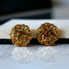 Vintage Brown Porphyry Glass and Rhinestone Clip-On Earrings