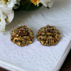 Vintage Brown Porphyry Glass and Rhinestone Clip-On Earrings