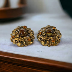 Vintage Brown Porphyry Glass and Rhinestone Clip-On Earrings