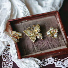 Vintage Pearlized Gold Tone Butterfly Brooch and Earrings Jewelry Set