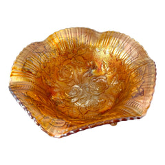 Vintage Imperial Glass marigold carnival bowl with Lustre Rose pattern, iridescent finish, scalloped edge, and three-footed base.