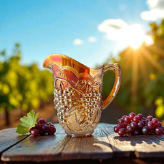 Vintage marigold Carnival Glass pitcher with iridescent grape and leaf pattern, scalloped rim, and curved handle; warm amber tones ideal for fall decor or collector display.
