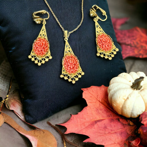 Vintage Celebrity Coral Molded Plastic Gold Tone Filigree Floral Jewelry Set | 1970s Dangle Earrings and Pendant Chain Necklace | Eco-Chic