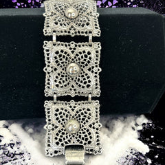 Vintage Celebrity Filigree Silver Tone Panel Bracelet