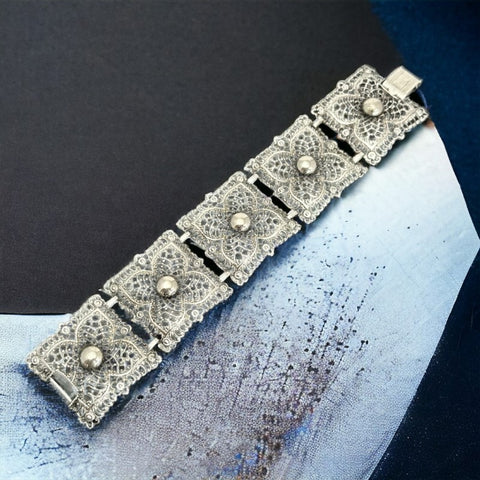 Vintage Celebrity Filigree Silver Tone Panel Bracelet