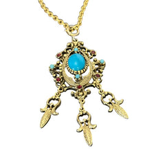 Vintage Celebrity NY Faux Turquoise Cabochon Pendant Chain Necklace | Faux Turquoise &amp; Siam Rhinestones Gold Tone Pendant with Dangles