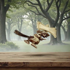 Vintage French brooch depicting a witch flying on a broom, crafted from celluloid with horsehair bristles; she wears a headscarf and holds a wand, mid-century design from the 1950s–60s, approx. 1¾" x 1½", in very good condition with secure pin back and folk-inspired detailing.