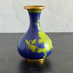 Pair of vintage cobalt blue Chinese cloisonné vases with apple‑green floral enamel, shown from multiple angles including fronts, sides, backs, bases, rim details, and small enamel losses.