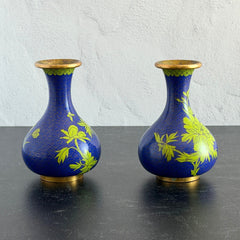Pair of vintage cobalt blue Chinese cloisonné vases with apple‑green floral enamel, shown from multiple angles including fronts, sides, backs, bases, rim details, and small enamel losses.