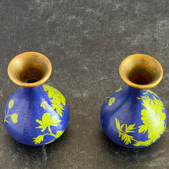 Pair of vintage cobalt blue Chinese cloisonné vases with apple‑green floral enamel, shown from multiple angles including fronts, sides, backs, bases, rim details, and small enamel losses.