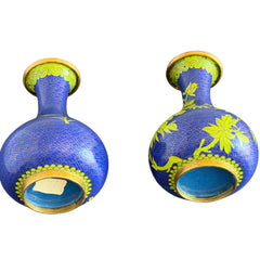 Pair of vintage cobalt blue Chinese cloisonné vases with apple‑green floral enamel, shown from multiple angles including fronts, sides, backs, bases, rim details, and small enamel losses.