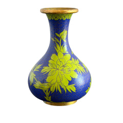 Pair of vintage cobalt blue Chinese cloisonné vases with apple‑green floral enamel, shown from multiple angles including fronts, sides, backs, bases, rim details, and small enamel losses.
