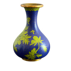 Pair of vintage cobalt blue Chinese cloisonné vases with apple‑green floral enamel, shown from multiple angles including fronts, sides, backs, bases, rim details, and small enamel losses.