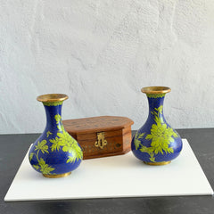 Pair of vintage cobalt blue Chinese cloisonné vases with apple‑green floral enamel, shown from multiple angles including fronts, sides, backs, bases, rim details, and small enamel losses.