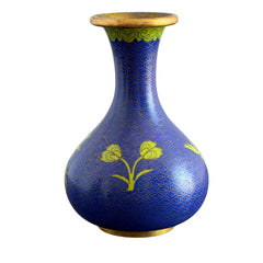 Pair of vintage cobalt blue Chinese cloisonné vases with apple‑green floral enamel, shown from multiple angles including fronts, sides, backs, bases, rim details, and small enamel losses.