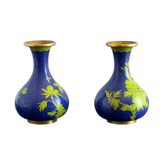 Pair of vintage cobalt blue Chinese cloisonné vases with apple‑green floral enamel, shown from multiple angles including fronts, sides, backs, bases, rim details, and small enamel losses.