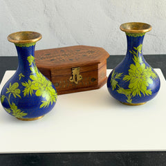 Pair of vintage cobalt blue Chinese cloisonné vases with apple‑green floral enamel, shown from multiple angles including fronts, sides, backs, bases, rim details, and small enamel losses.
