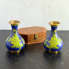 Pair of vintage cobalt blue Chinese cloisonné vases with apple‑green floral enamel, shown from multiple angles including fronts, sides, backs, bases, rim details, and small enamel losses.