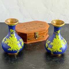 Pair of vintage cobalt blue Chinese cloisonné vases with apple‑green floral enamel, shown from multiple angles including fronts, sides, backs, bases, rim details, and small enamel losses.