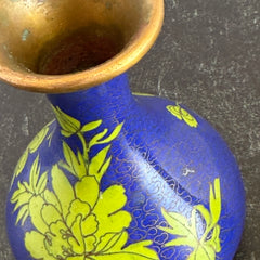 Pair of vintage cobalt blue Chinese cloisonné vases with apple‑green floral enamel, shown from multiple angles including fronts, sides, backs, bases, rim details, and small enamel losses.