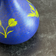 Pair of vintage cobalt blue Chinese cloisonné vases with apple‑green floral enamel, shown from multiple angles including fronts, sides, backs, bases, rim details, and small enamel losses.