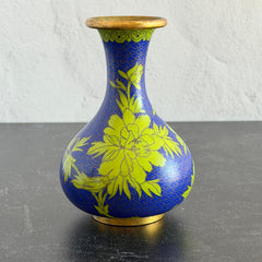 Pair of vintage cobalt blue Chinese cloisonné vases with apple‑green floral enamel, shown from multiple angles including fronts, sides, backs, bases, rim details, and small enamel losses.