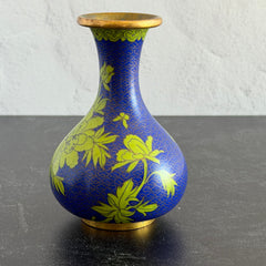 Pair of vintage cobalt blue Chinese cloisonné vases with apple‑green floral enamel, shown from multiple angles including fronts, sides, backs, bases, rim details, and small enamel losses.