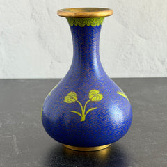 Pair of vintage cobalt blue Chinese cloisonné vases with apple‑green floral enamel, shown from multiple angles including fronts, sides, backs, bases, rim details, and small enamel losses.