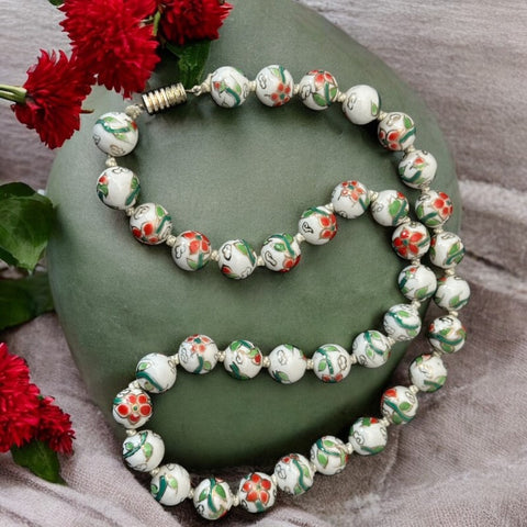 Vintage Hand-Painted Chinese Porcelain Beads Floral Necklace