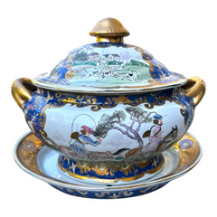 Vintage Chinese porcelain tureen and platter set with hand-painted European hunting scenes, cobalt blue and gold detailing, signed in red glaze with Chinese characters and marked with mid-century Macau export label.