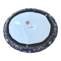 Vintage Chinese porcelain tureen and platter set with hand-painted European hunting scenes, cobalt blue and gold detailing, signed in red glaze with Chinese characters and marked with mid-century Macau export label.