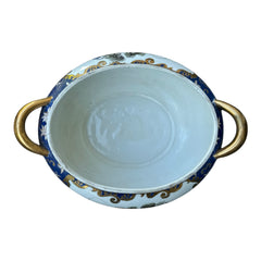 Vintage Chinese porcelain tureen and platter set with hand-painted European hunting scenes, cobalt blue and gold detailing, signed in red glaze with Chinese characters and marked with mid-century Macau export label.