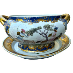 Vintage Chinese porcelain tureen and platter set with hand-painted European hunting scenes, cobalt blue and gold detailing, signed in red glaze with Chinese characters and marked with mid-century Macau export label.