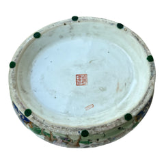 Vintage Chinese porcelain tureen and platter set with hand-painted European hunting scenes, cobalt blue and gold detailing, signed in red glaze with Chinese characters and marked with mid-century Macau export label.