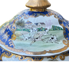 Vintage Chinese porcelain tureen and platter set with hand-painted European hunting scenes, cobalt blue and gold detailing, signed in red glaze with Chinese characters and marked with mid-century Macau export label.