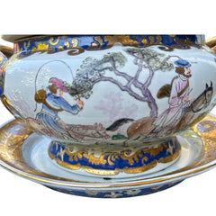 Vintage Chinese porcelain tureen and platter set with hand-painted European hunting scenes, cobalt blue and gold detailing, signed in red glaze with Chinese characters and marked with mid-century Macau export label.