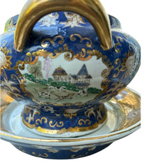 Vintage Chinese porcelain tureen and platter set with hand-painted European hunting scenes, cobalt blue and gold detailing, signed in red glaze with Chinese characters and marked with mid-century Macau export label.