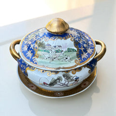 Vintage Chinese porcelain tureen and platter set with hand-painted European hunting scenes, cobalt blue and gold detailing, signed in red glaze with Chinese characters and marked with mid-century Macau export label.
