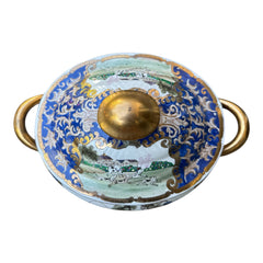 Vintage Chinese porcelain tureen and platter set with hand-painted European hunting scenes, cobalt blue and gold detailing, signed in red glaze with Chinese characters and marked with mid-century Macau export label.