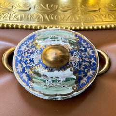Vintage Chinese porcelain tureen and platter set with hand-painted European hunting scenes, cobalt blue and gold detailing, signed in red glaze with Chinese characters and marked with mid-century Macau export label.