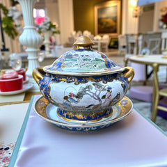 Vintage Chinese porcelain tureen and platter set with hand-painted European hunting scenes, cobalt blue and gold detailing, signed in red glaze with Chinese characters and marked with mid-century Macau export label.