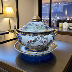 Vintage Chinese porcelain tureen and platter set with hand-painted European hunting scenes, cobalt blue and gold detailing, signed in red glaze with Chinese characters and marked with mid-century Macau export label.